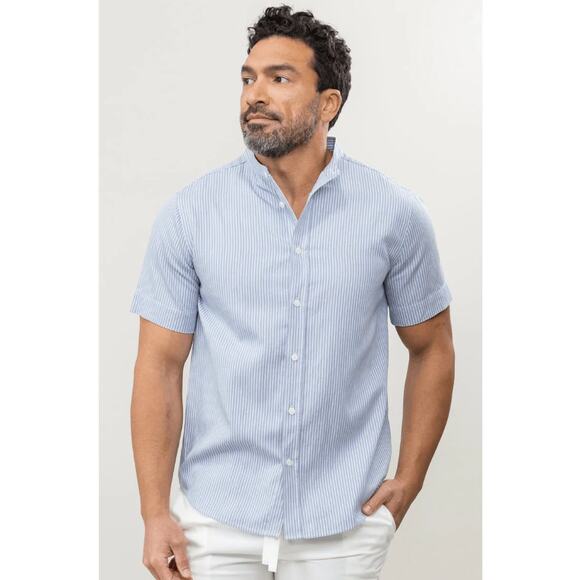 Cozy Earth Mens Coastal Comfort Mock Neck SS Button Down Ocean Stripe Size XL - Picture 8 of 8